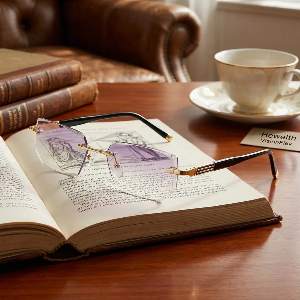 Hewelth VisionFlex rimless diamond-cut reading glasses resting on an open book