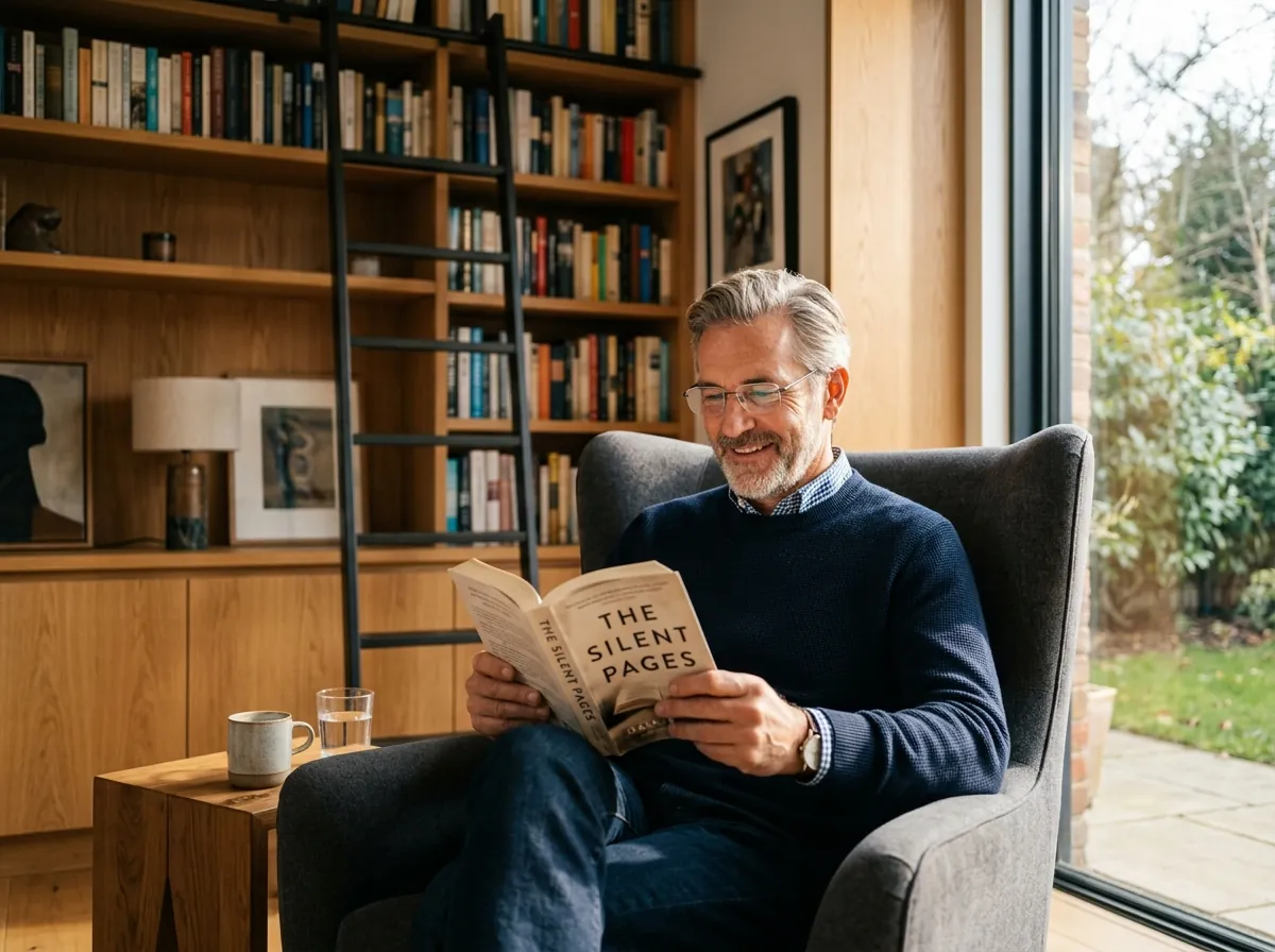 Senior man reading peacefully in living armchair wearing Hewelth VisionFlex glasses