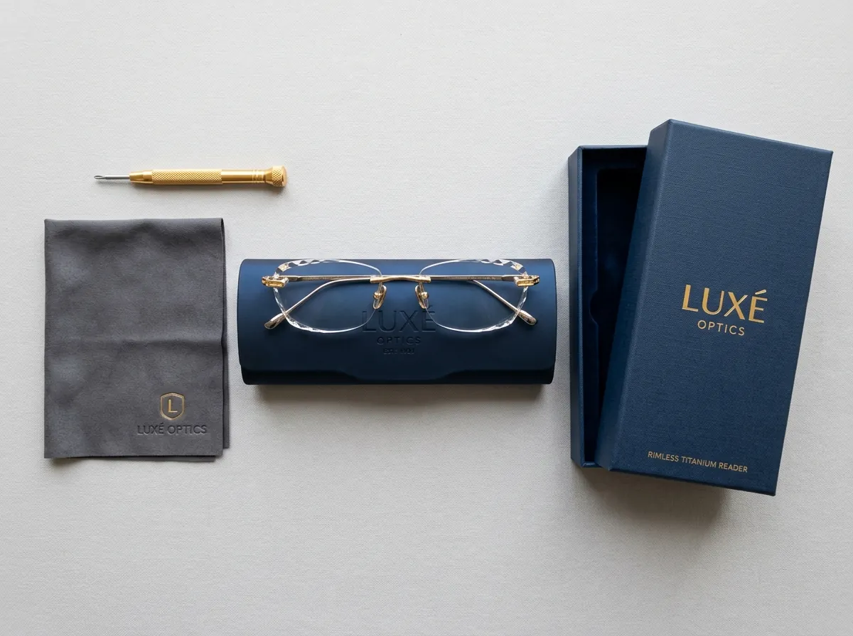 Flatlay presentation of VisionFlex eyewear package with hard case and cleaning cloth